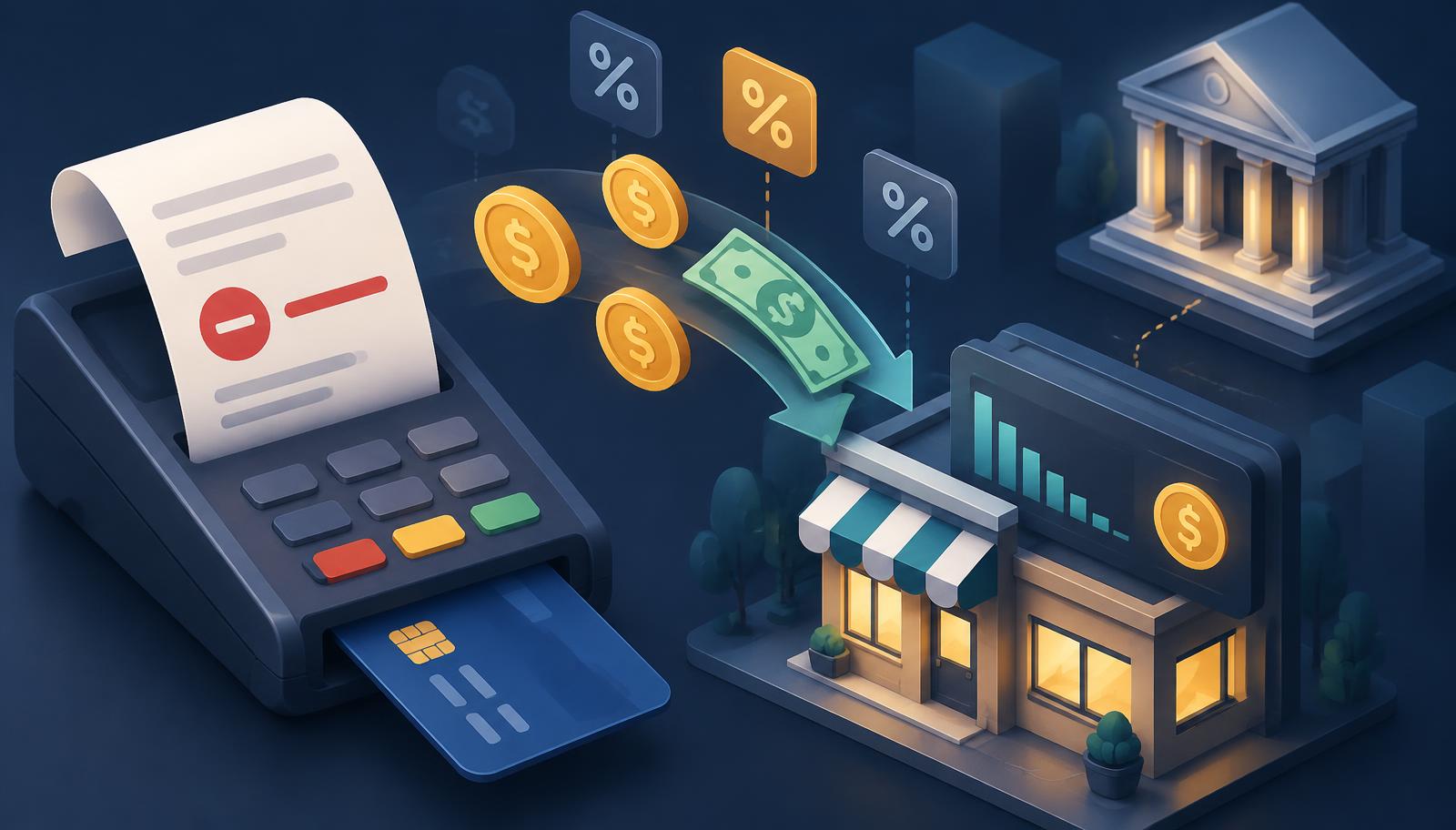 Isometric illustration of a card terminal printing a receipt with a deducted fee while coins and percentage tags move from a merchant storefront toward a bank