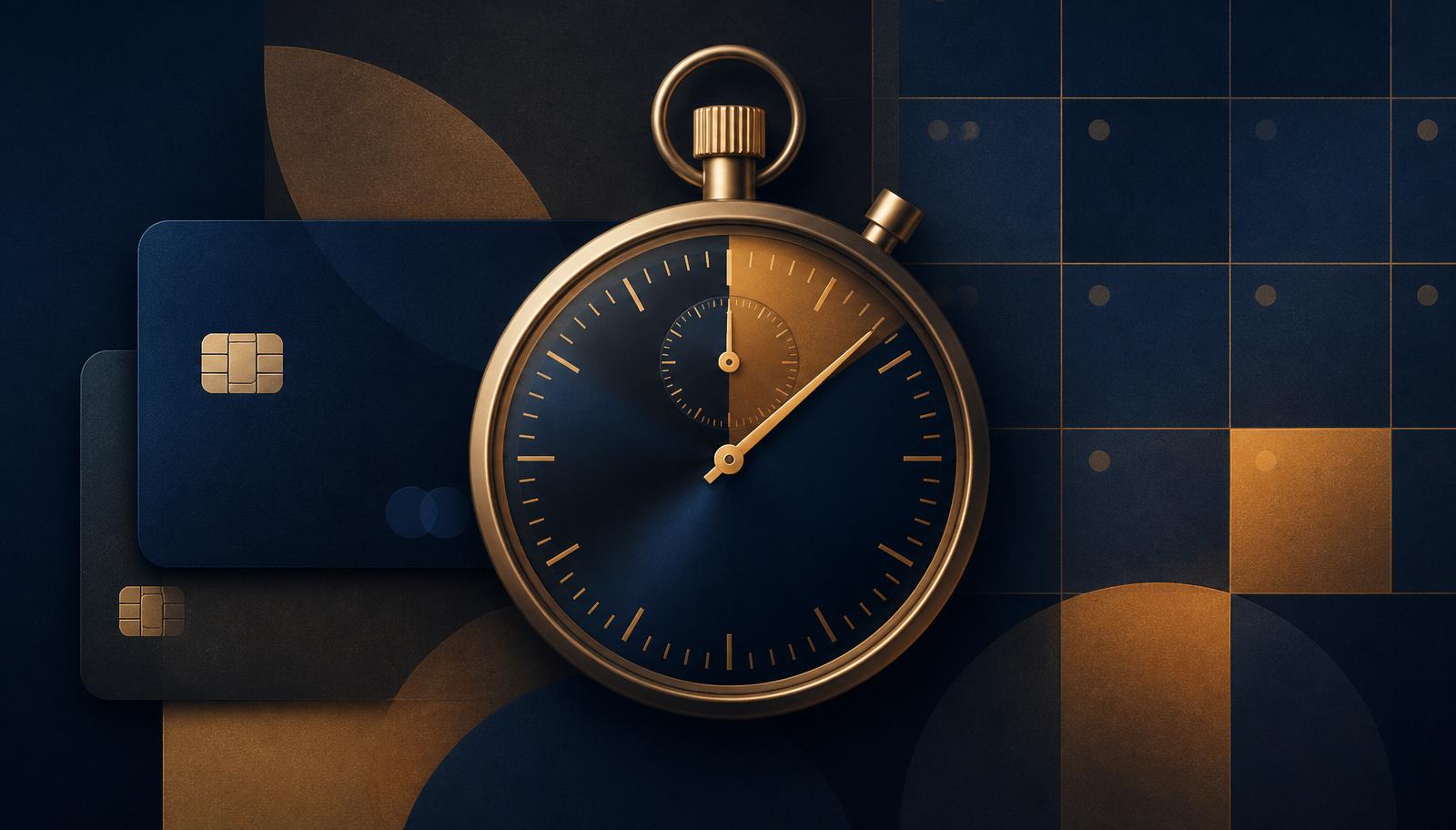 Stopwatch overlaid on credit cards representing chargeback time limits and merchant response deadlines